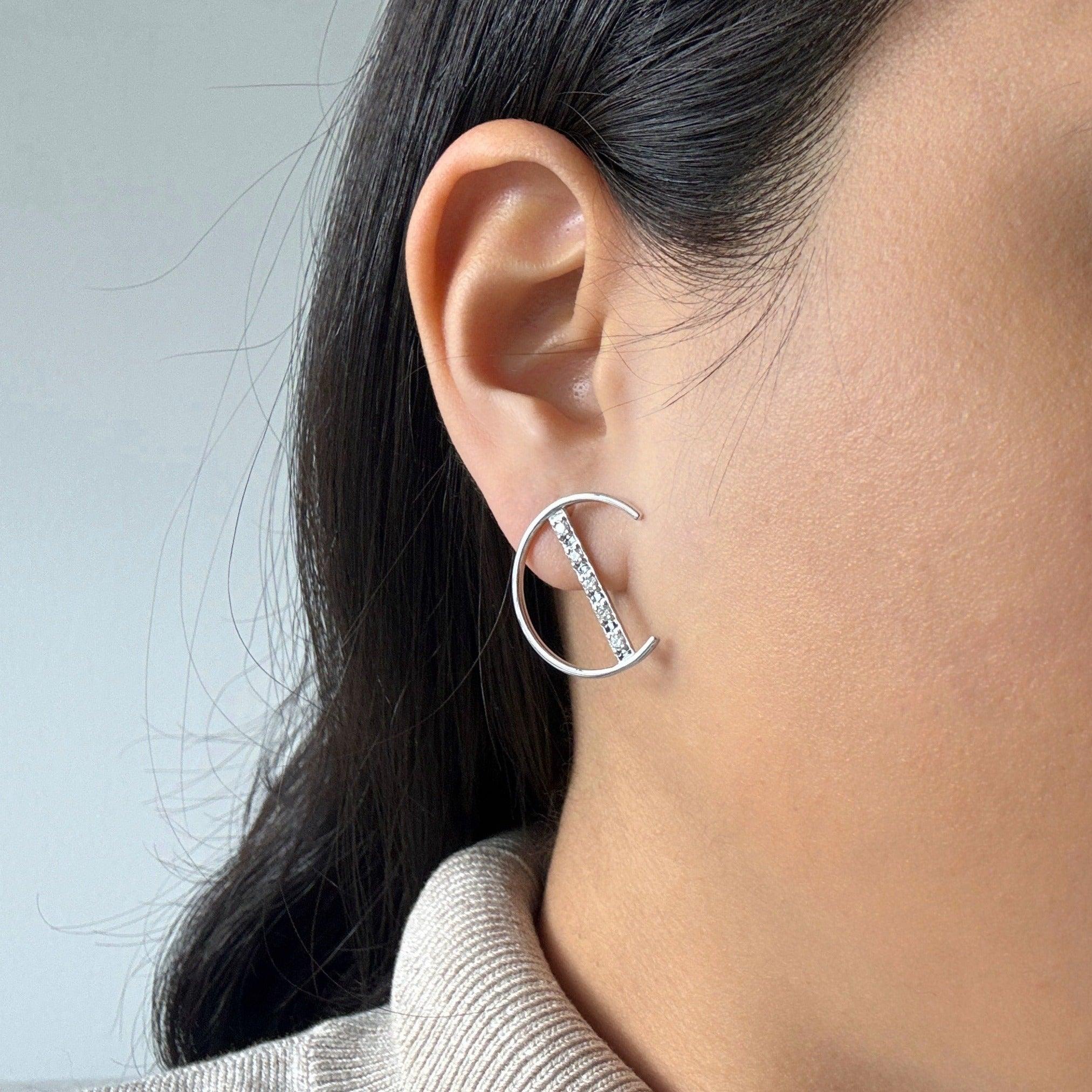 Half Circle Diamond Bar Stud Earrings | Mansi Jewelry