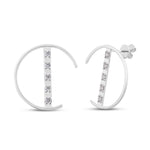 Load image into Gallery viewer, unique jewelry, unique earrings, fashion jewelry, fashion earrings, diamond earrings in white gold, fashion stud earrings, half circle motif earrings with a bar going through the circle. Bar has 5 diamonds.
