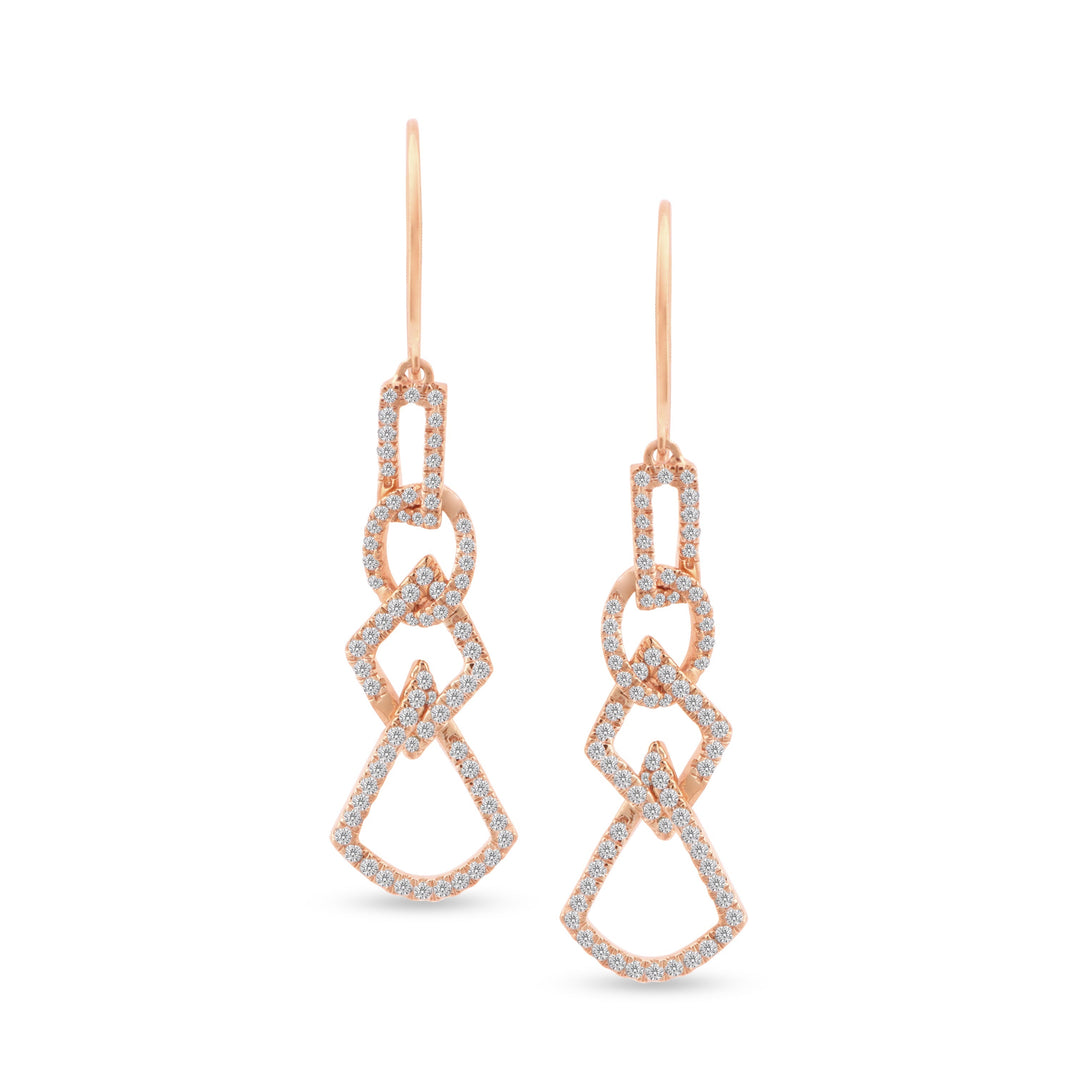 unique jewelry, unique earrings, fashion jewelry, fashion earrings, diamond earrings in rose gold, dangling earrings, dangling diamond earrings, drop earrings, diamond drop earrings, dangling drop earring with a design of geometric shapes intertwined with each other. Earrings have a fishhook back.