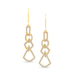 Load image into Gallery viewer, unique jewelry, unique earrings, fashion jewelry, fashion earrings, diamond earrings in yellow gold, dangling earrings, dangling diamond earrings, drop earrings, diamond drop earrings, dangling drop earring with a design of geometric shapes intertwined with each other. Earrings have a fishhook back.
