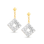 Load image into Gallery viewer, unique jewelry, unique earrings unique dangling earrings with only baguette diamonds and a cable chain that connects to the post. Yellow gold baguette diamond dangling earrings, square earrings, square dangling earrings, geo art jewelry, geo art earrings.

