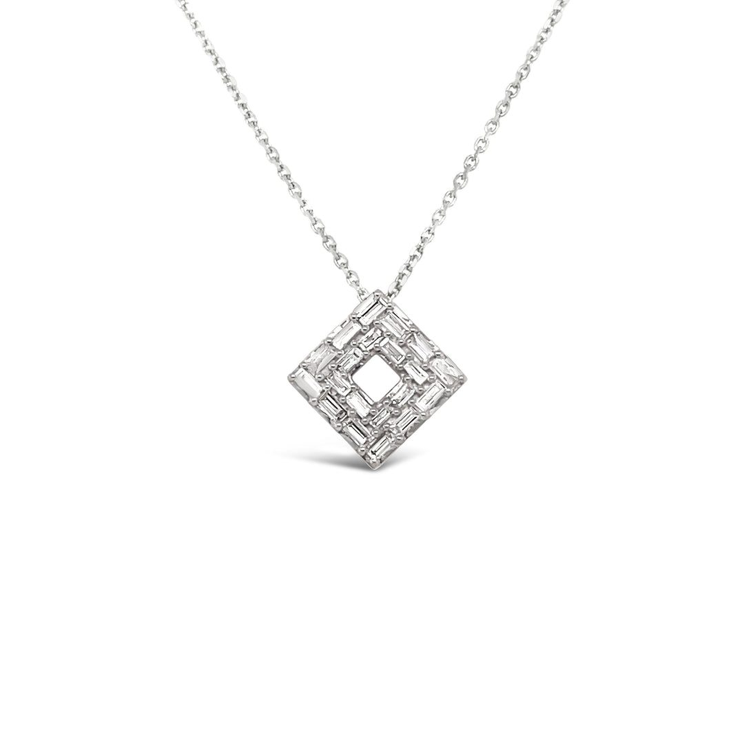 unique jewelry, unique pendant, unique necklace with only baguette diamonds and a cable chain that is 18in that is adjustable to 16in. White gold baguette diamond necklace, layering necklace. Square necklace, square pendant, geo art jewelry, geo art necklace
