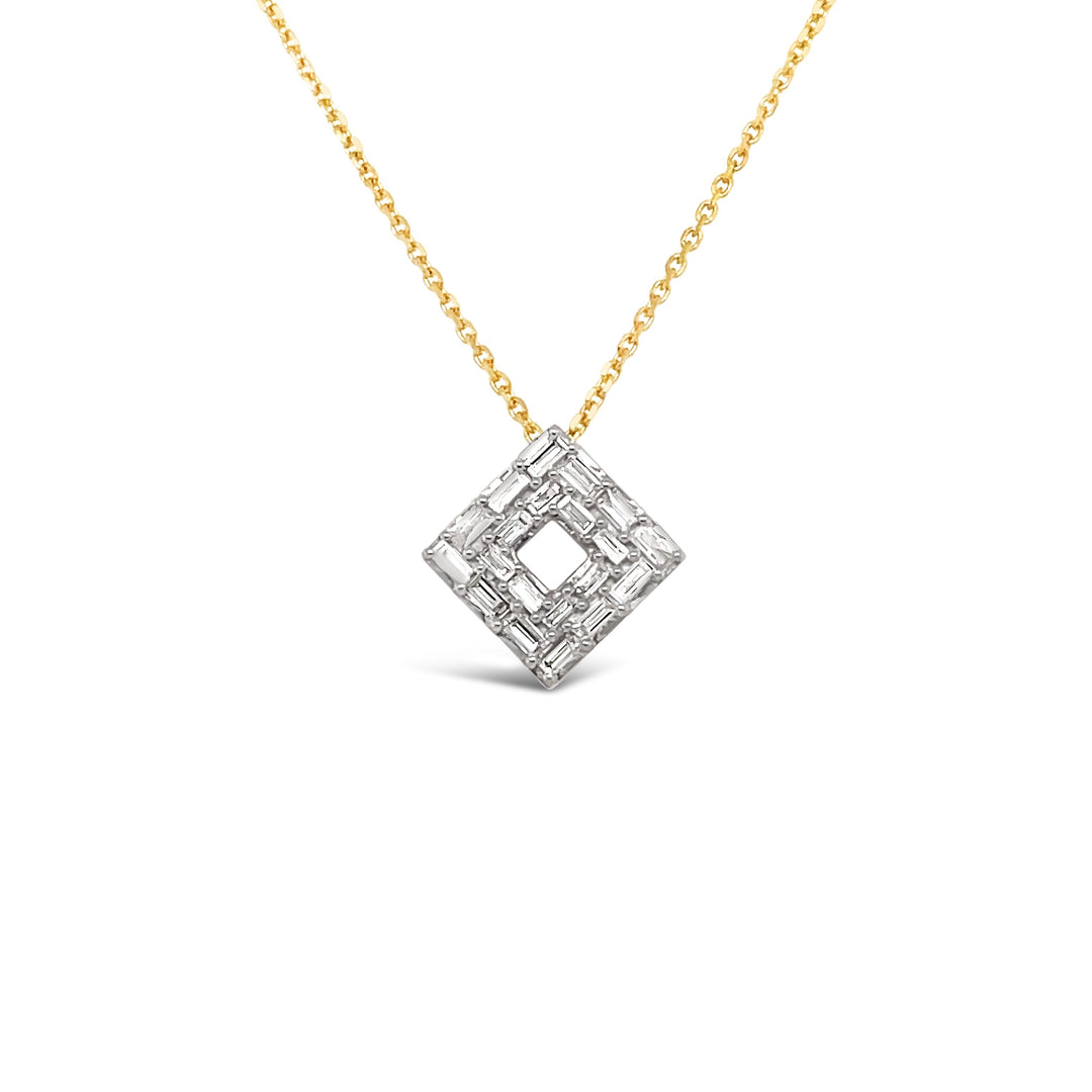 unique jewelry, unique pendant, unique necklace with only baguette diamonds and a cable chain that is 18in that is adjustable to 16in. Yellow gold baguette diamond necklace, layering necklace. Square necklace, square pendant, geo art jewelry, geo art necklace.