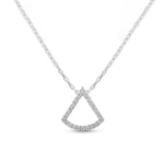 Load image into Gallery viewer, unique jewelry, unique pendant, fashion jewelry, fashion pendant, fashion necklace, diamond pendant in white gold, diamond necklace, fan shaped motif necklace with cable chain in 18in adjustable to 16in, layering necklace. Necklace on model.

