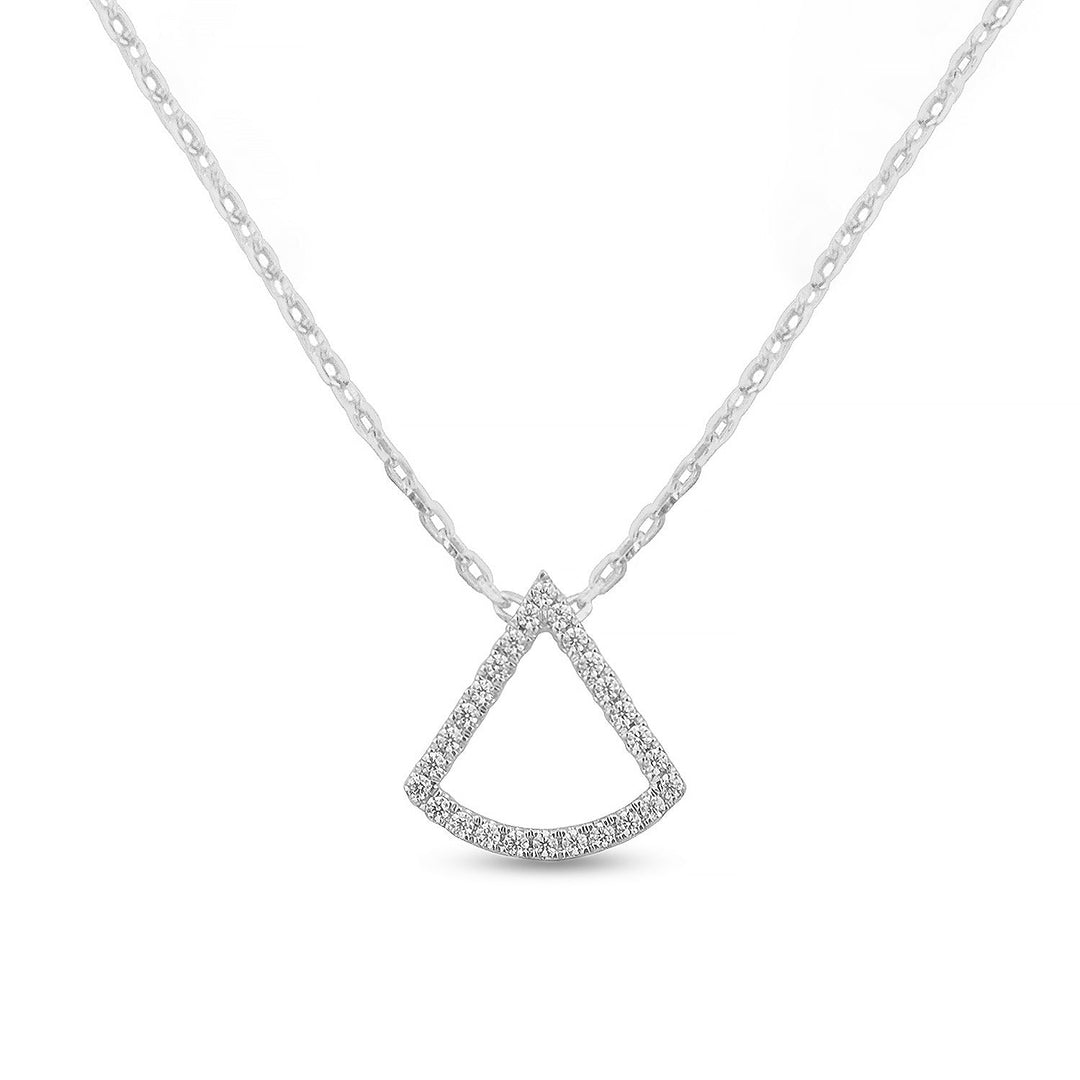 unique jewelry, unique pendant, fashion jewelry, fashion pendant, fashion necklace, diamond pendant in white gold, diamond necklace, fan shaped motif necklace with cable chain in 18in adjustable to 16in, layering necklace. Necklace on model.