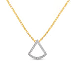 Load image into Gallery viewer, unique jewelry, unique pendant, fashion jewelry, fashion pendant, fashion necklace, diamond pendant in yellow gold, diamond necklace, fan shaped motif necklace with cable chain in 18in adjustable to 16in, layering necklace. Pendant on model.
