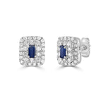 Blue Sapphire Baguette and Double Halo Stud Earrings