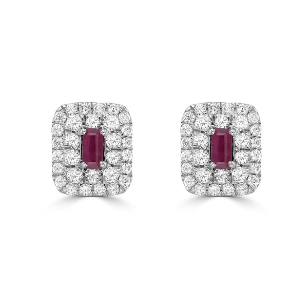 Ruby Baguette and Diamond Double Halo Stud Earrings