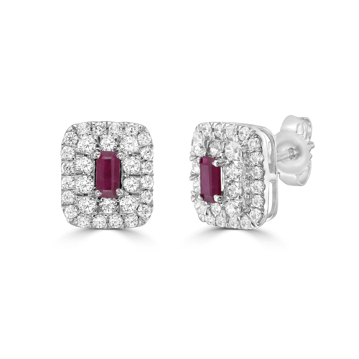 Ruby Baguette and Double Halo Stud Earrings