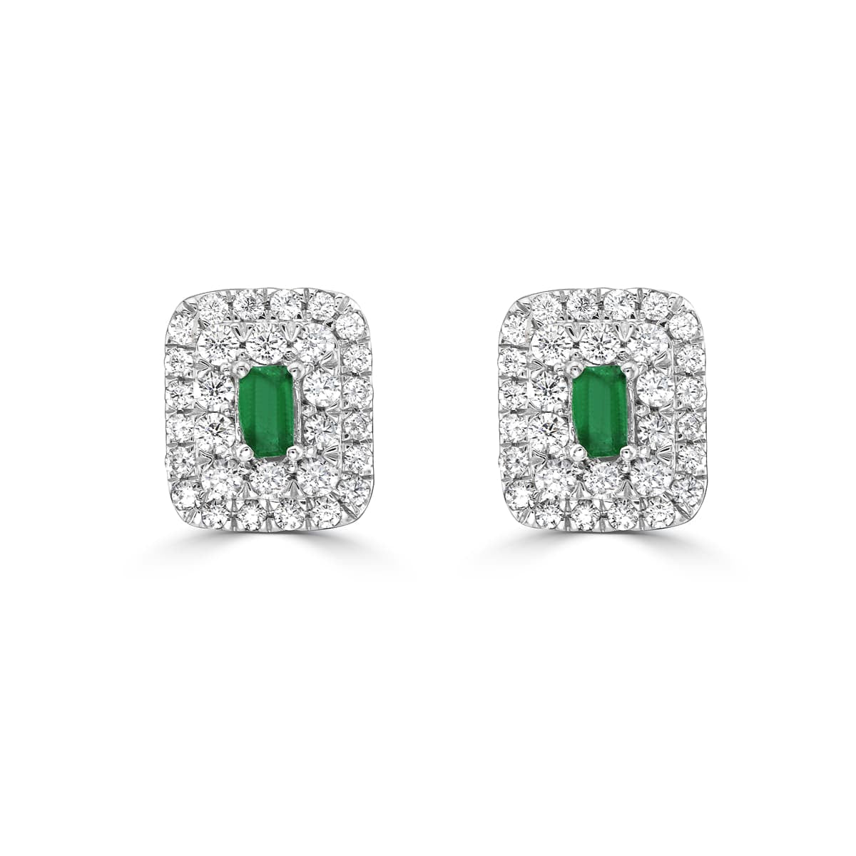 Emerald Baguette and Diamond Double Halo Stud Earrings