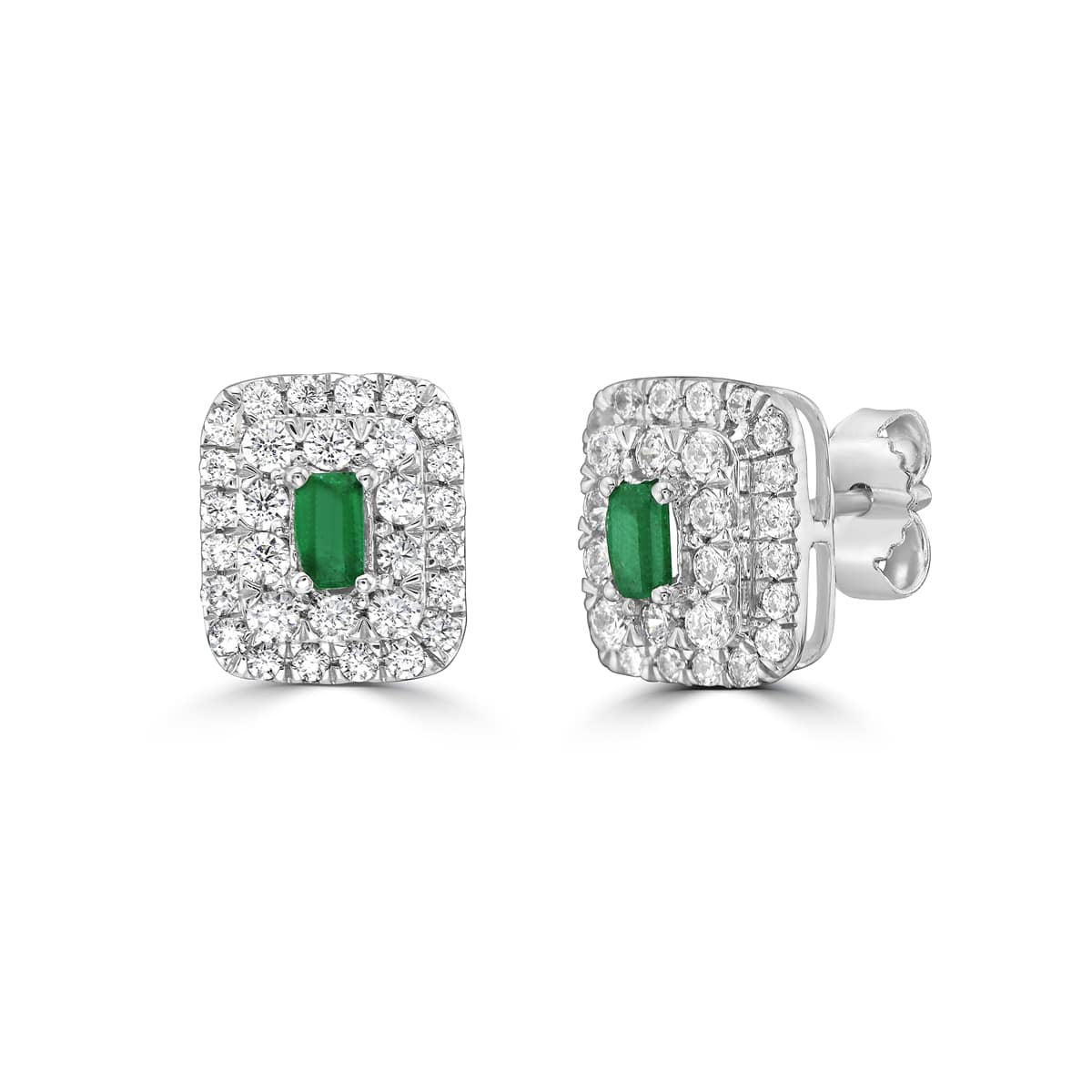Emerald Baguette and Double Halo Stud Earrings