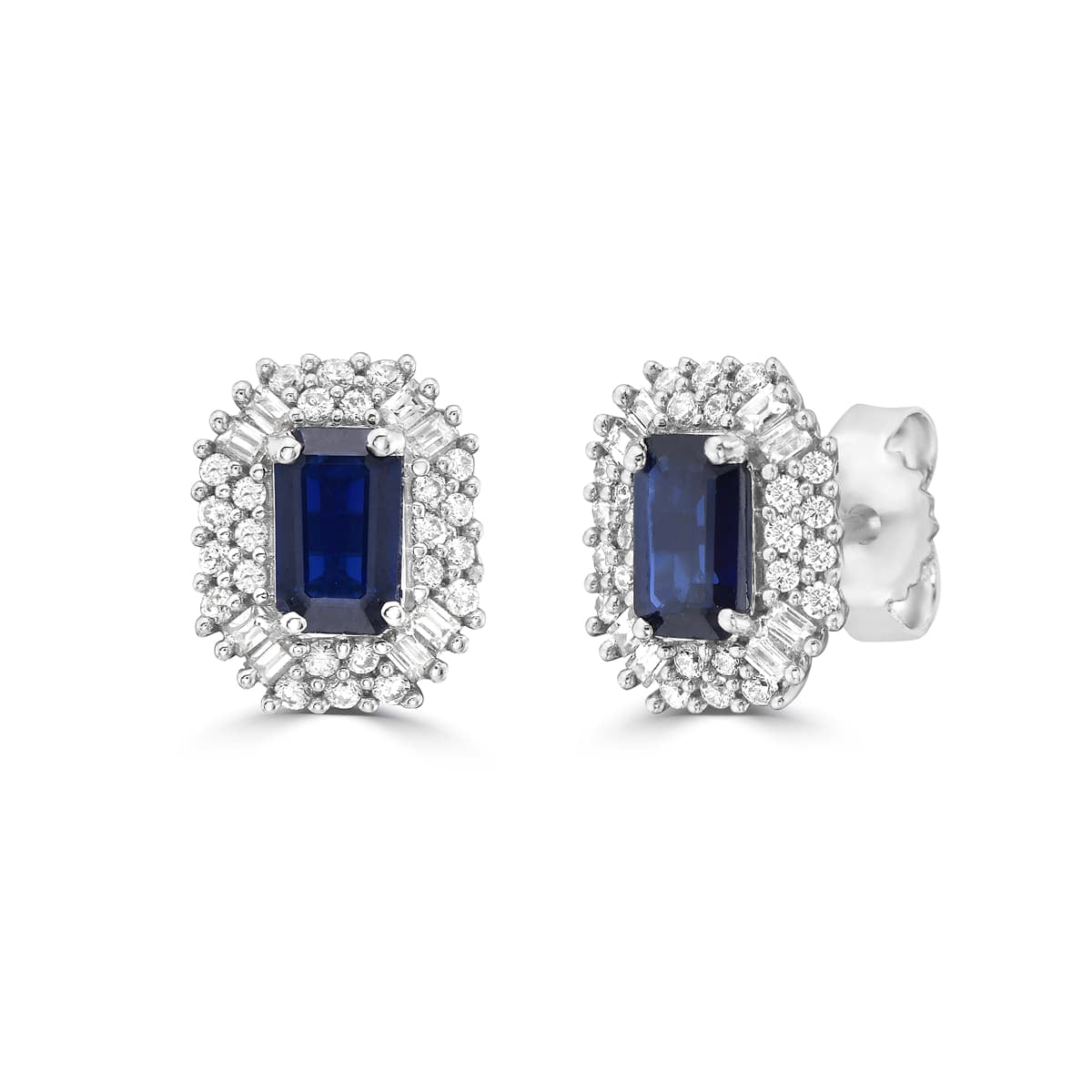 Blue Sapphire and Double Halo Stud Earrings