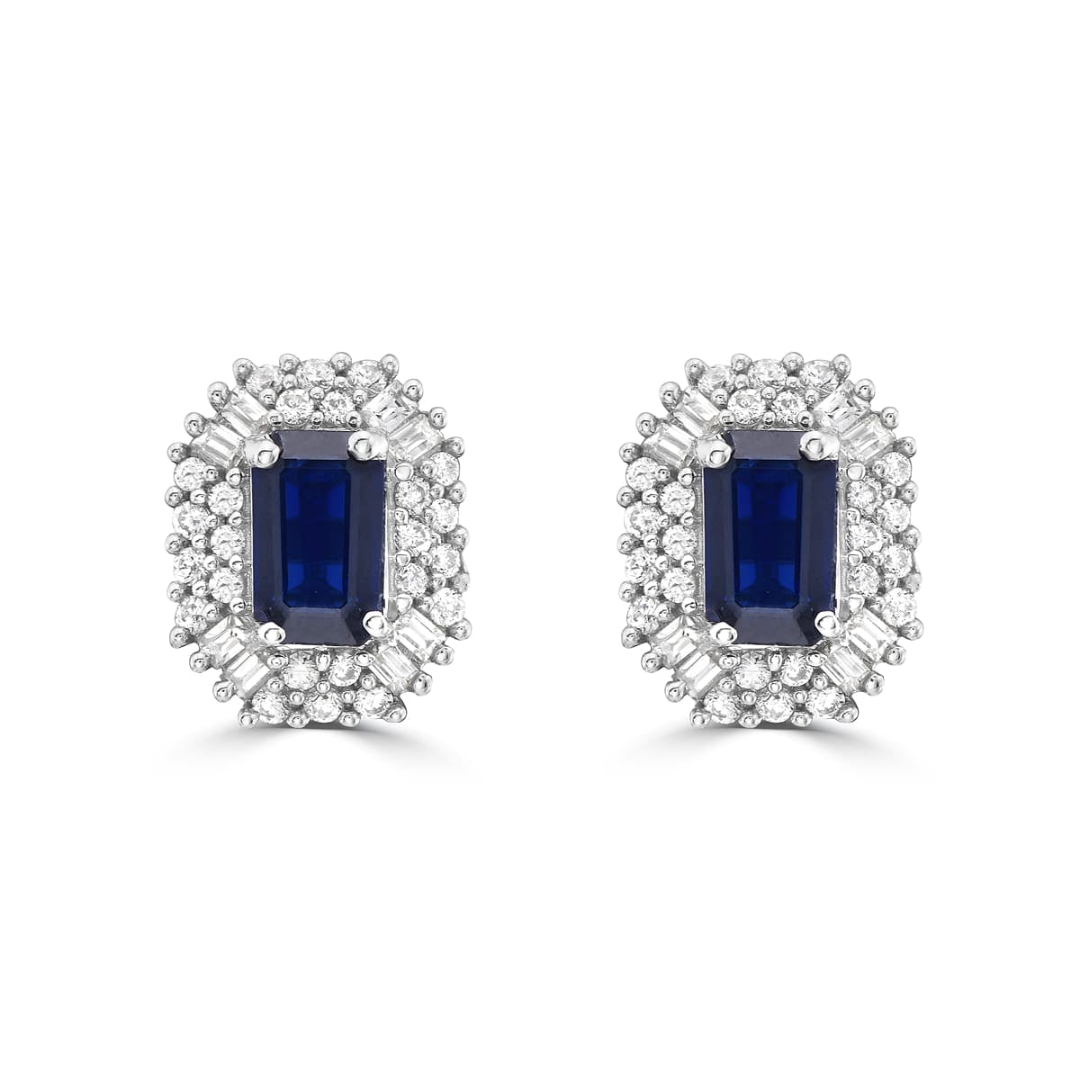 Blue Sapphire and Diamond Double Halo Stud Earrings