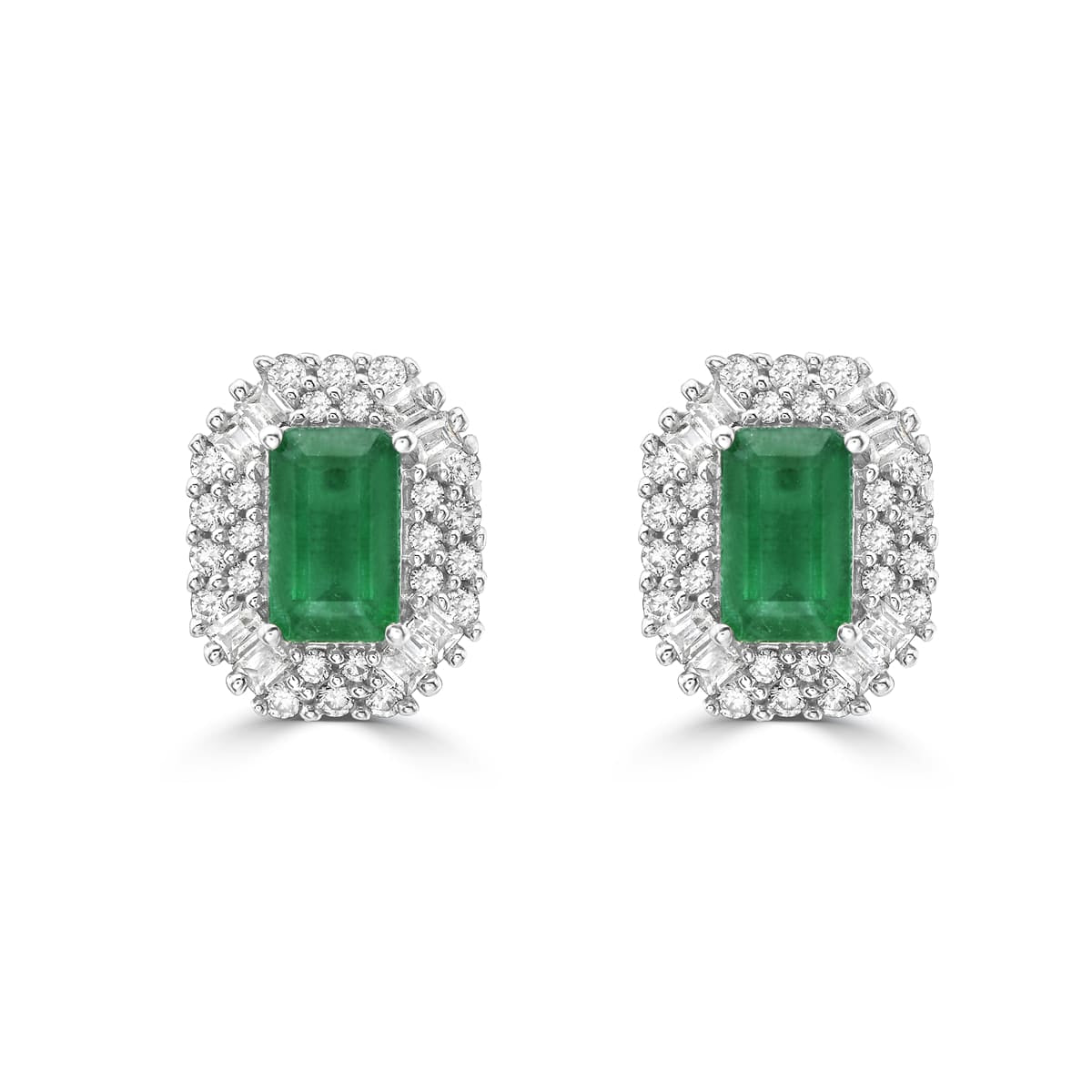 Emerald and Double Halo Stud Earrings