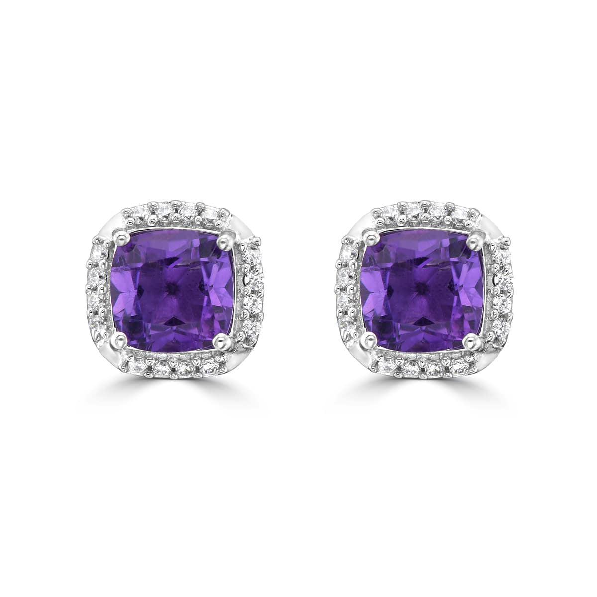 Cushion Cut Amethyst and Diamond Halo Stud Earrings