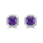 Cushion Cut Amethyst and Diamond Halo Stud Earrings