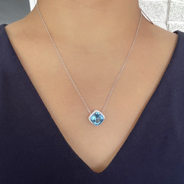Cushion Cut Blue Topaz Halo Pendant