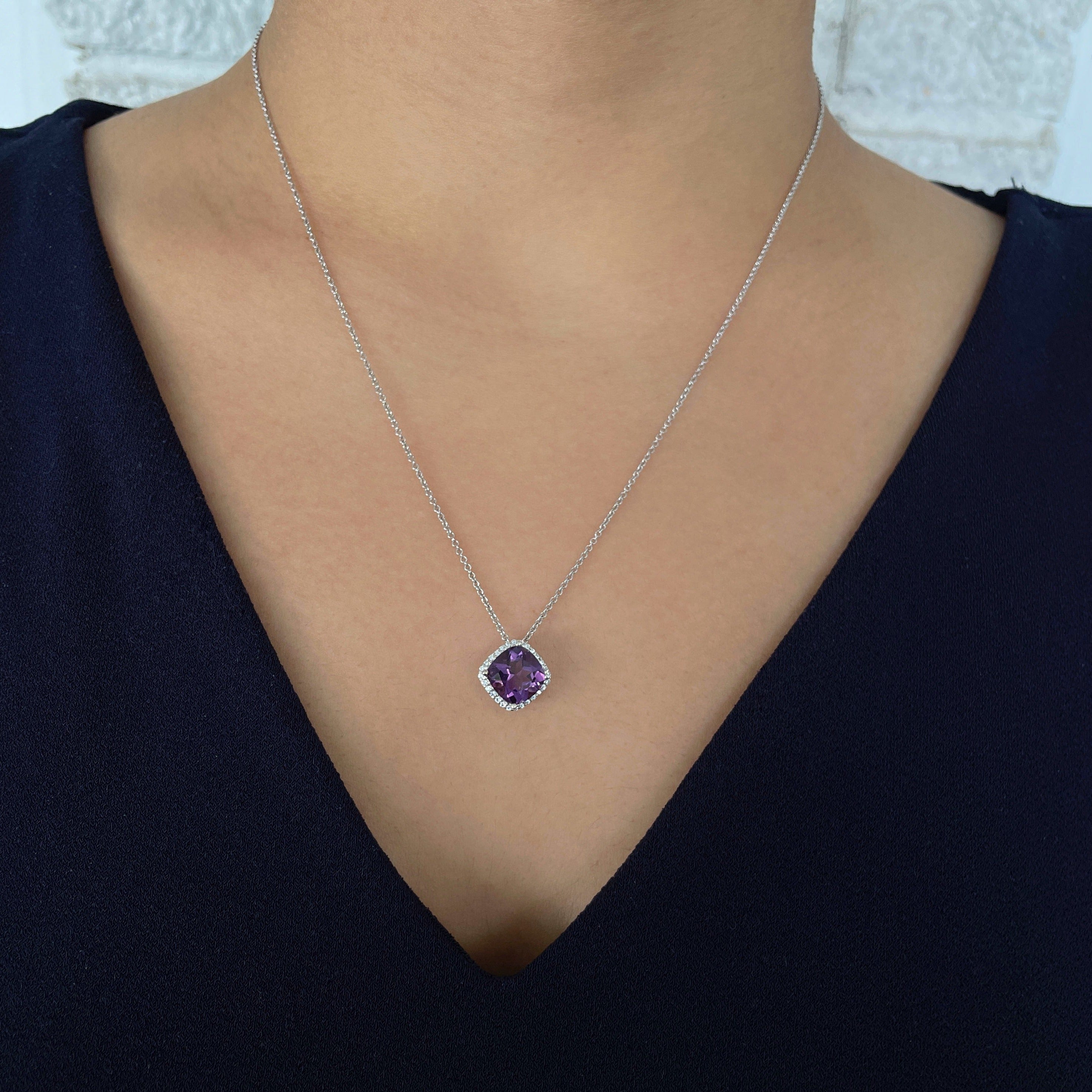 Cushion Cut Amethyst and Diamond Halo Pendant