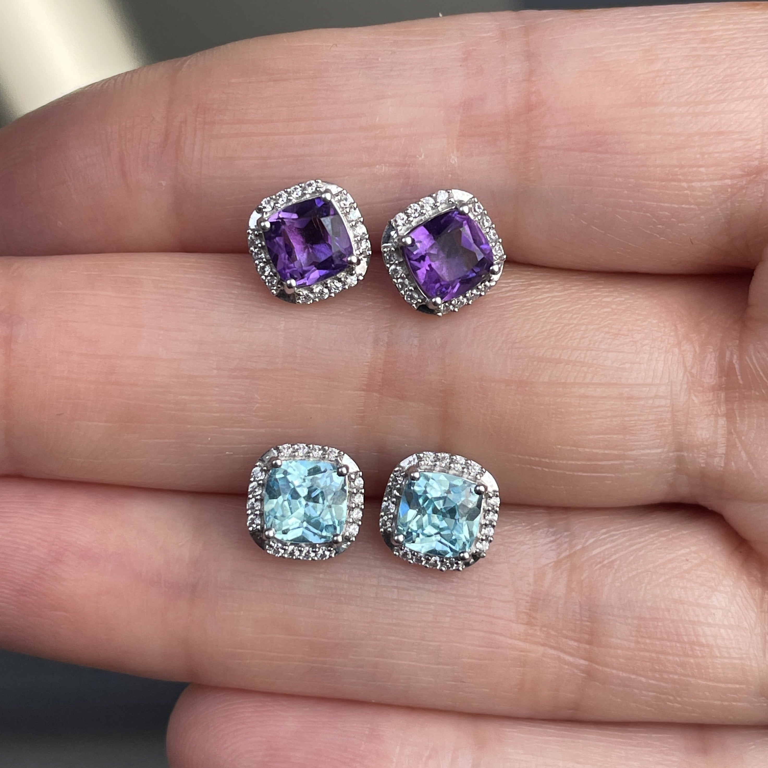 Cushion Cut Amethyst and Diamond Halo Stud Earrings