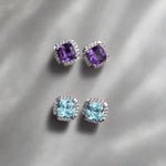 Cushion Cut Blue Topaz Halo Stud Earrings