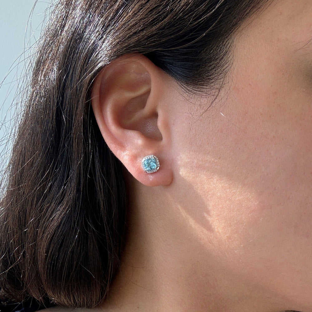 Cushion Cut Blue Topaz Halo Stud Earrings-2