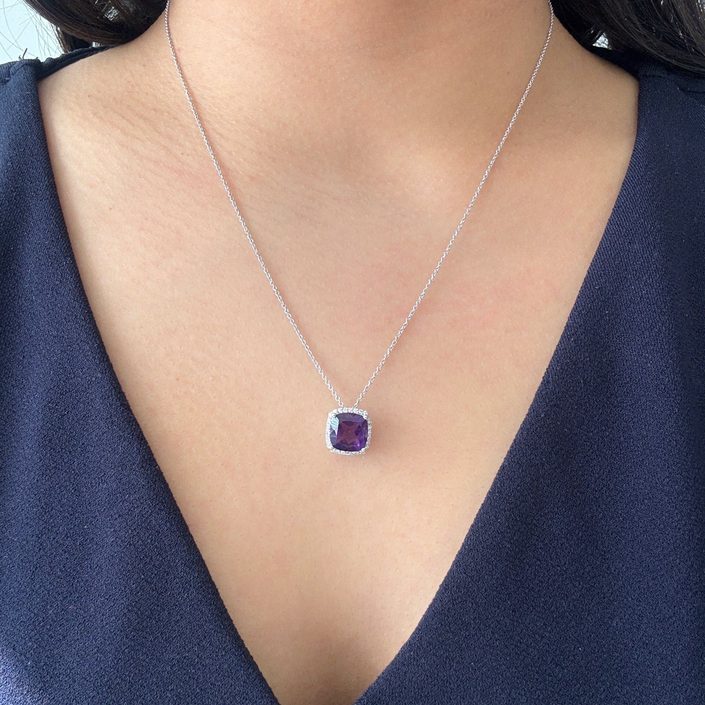 Cushion Cut Amethyst and Diamond Halo Pendant