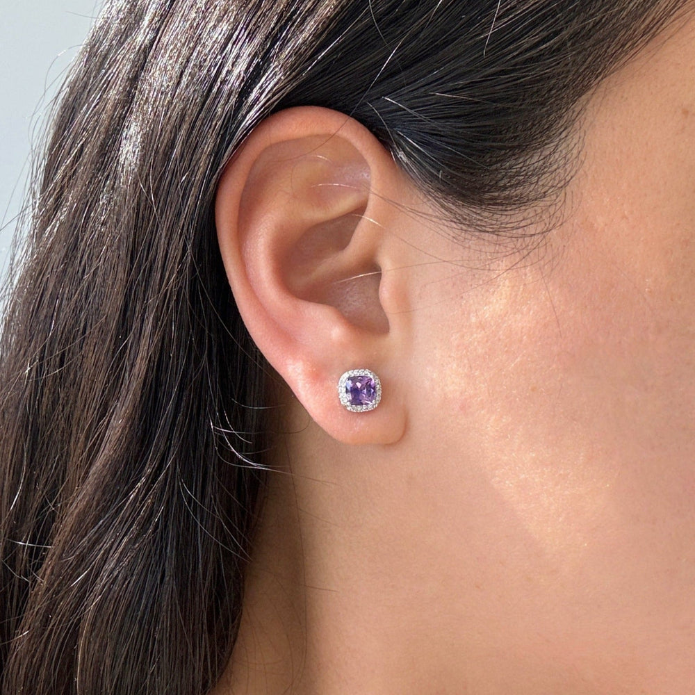 Cushion Cut Amethyst and Diamond Halo Stud Earrings-2