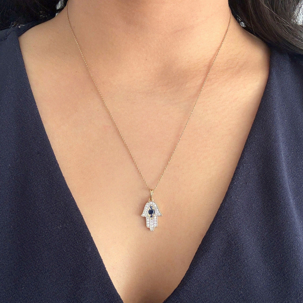 Diamond and Blue Sapphire Hamsa Pendant-2