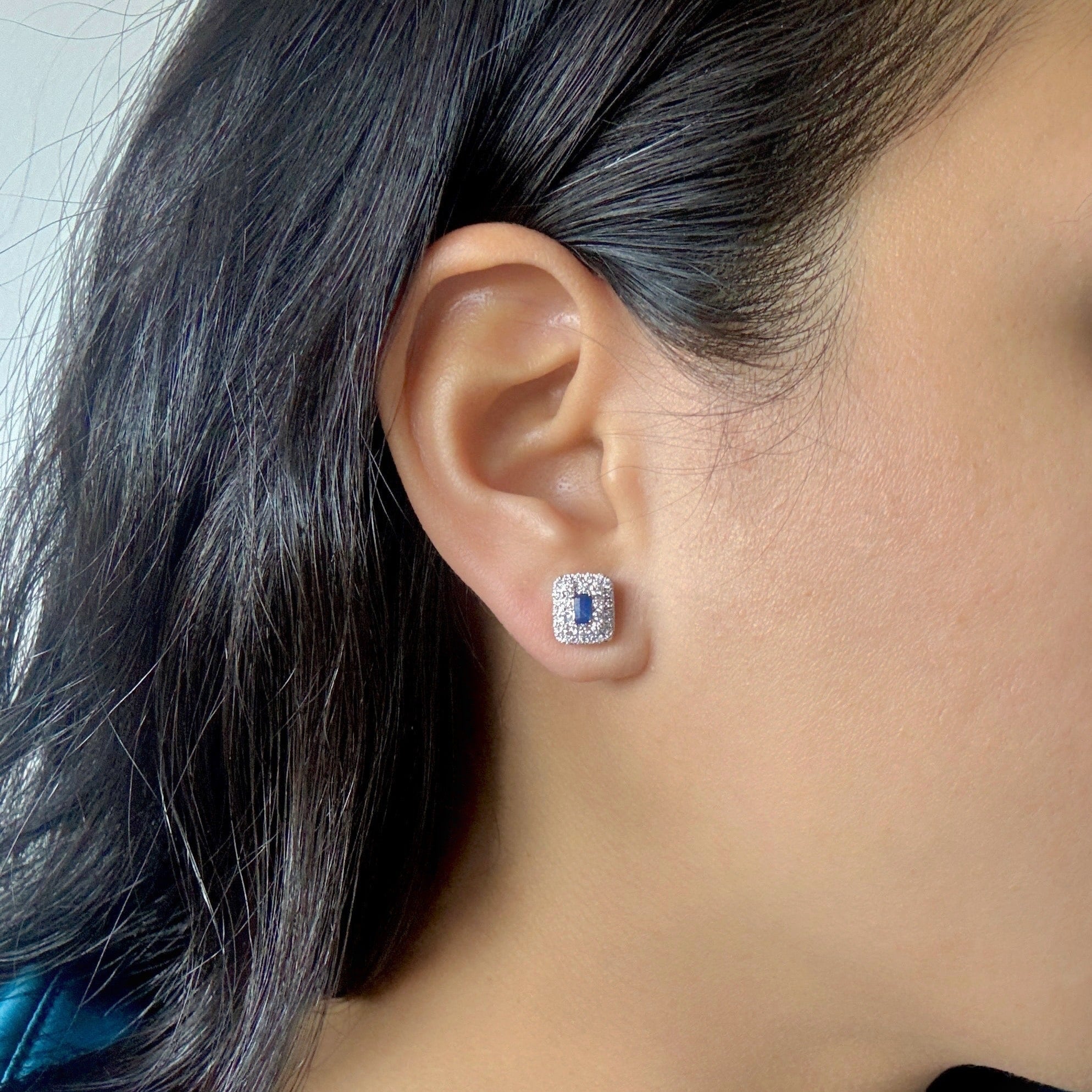 Blue Sapphire Baguette and Diamond Double Halo Stud Earrings