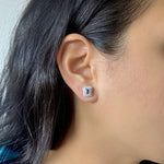 Blue Sapphire Baguette and Double Halo Stud Earrings