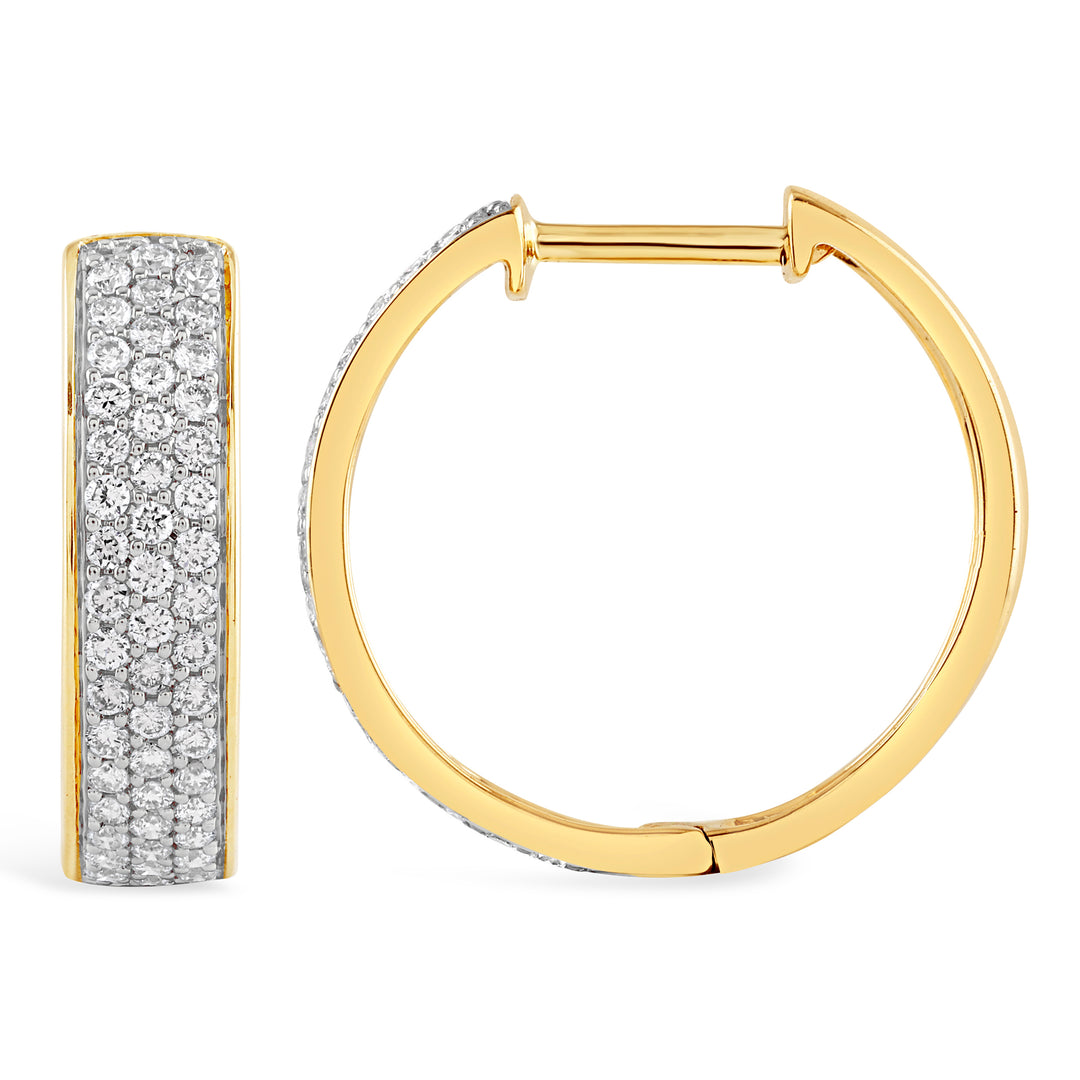 three rows of diamonds in 14k gold hoop earrings