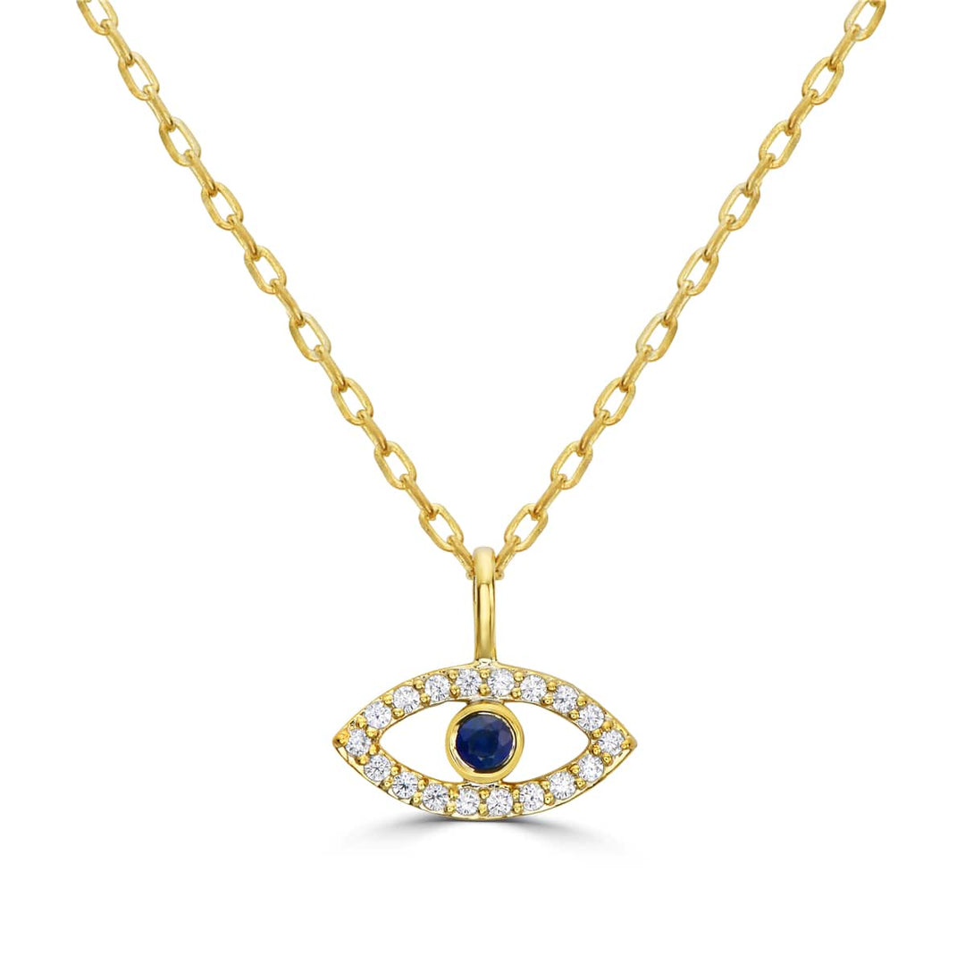 Diamond & Blue Sapphire Evil Eye Pendant in 14k yellow gold