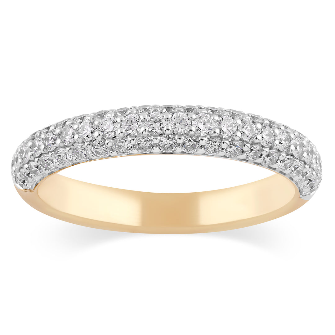 diamond wedding band with three rows of diamonds in 14k yellow gold. stackable ring