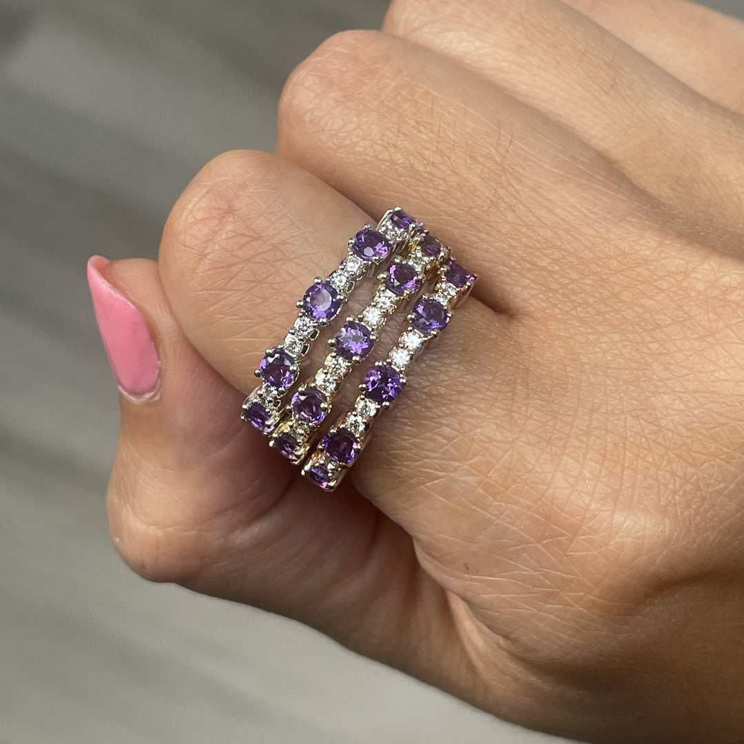 amethyst and diamond ring stack in 14k gold