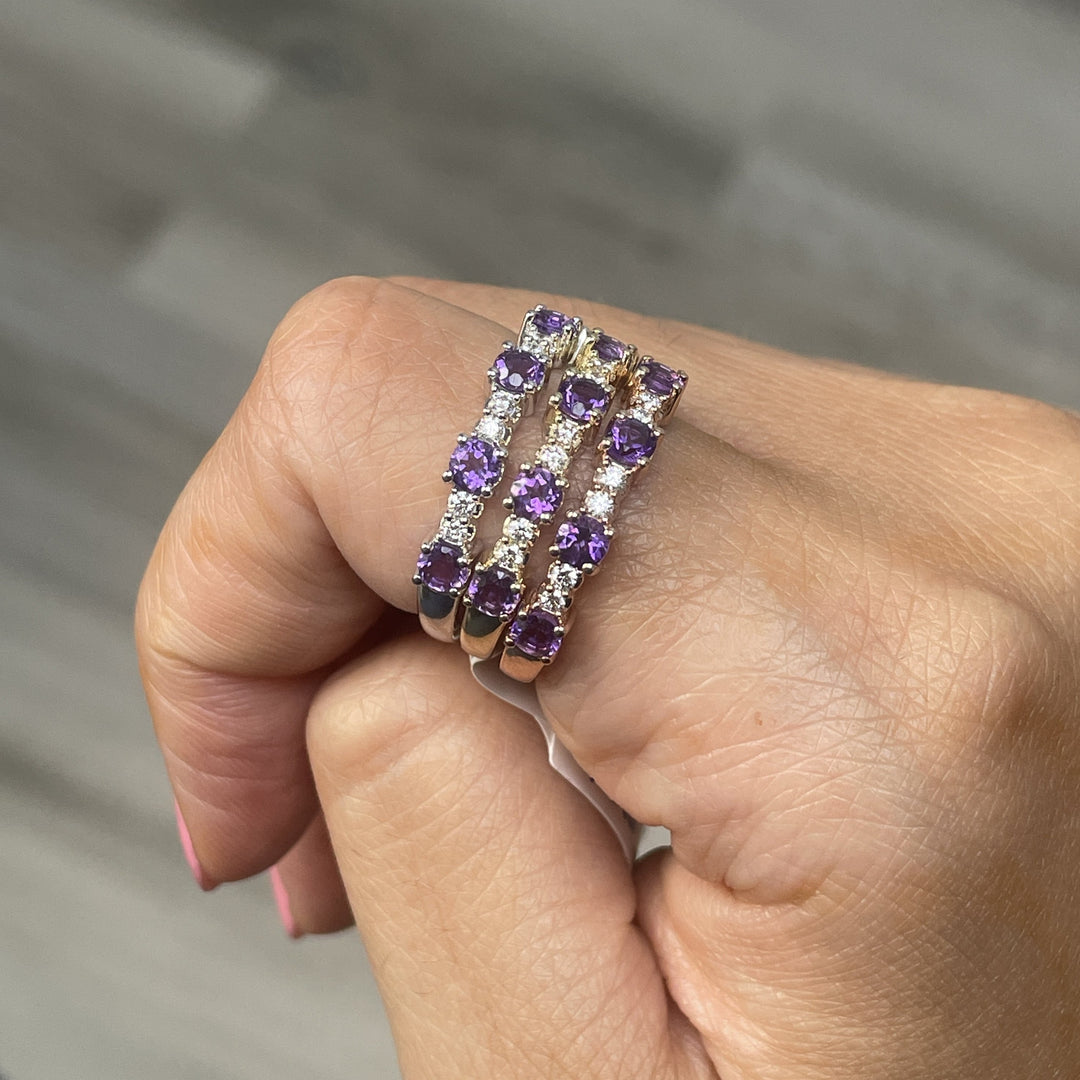 amethyst and diamond ring stack in 14k gold