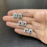 Blue Sapphire Baguette and Diamond Double Halo Stud Earrings  