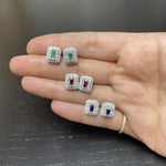 Load image into Gallery viewer, Blue Sapphire ruby emerald Baguette and Diamond Double Halo Stud Earrings