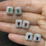 Load image into Gallery viewer, Blue Sapphire ruby emerald Baguette and Diamond Double Halo Stud Earrings