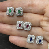 Emerald Baguette and Diamond Double Halo Stud Earrings  