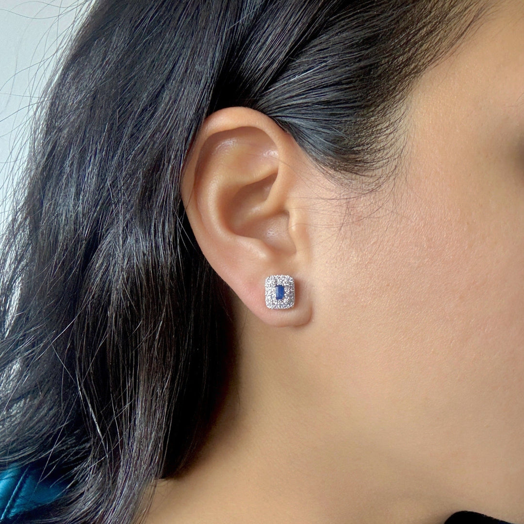 Blue Sapphire Baguette Cut and Diamond Double Halo Stud Earrings in 14k gold 