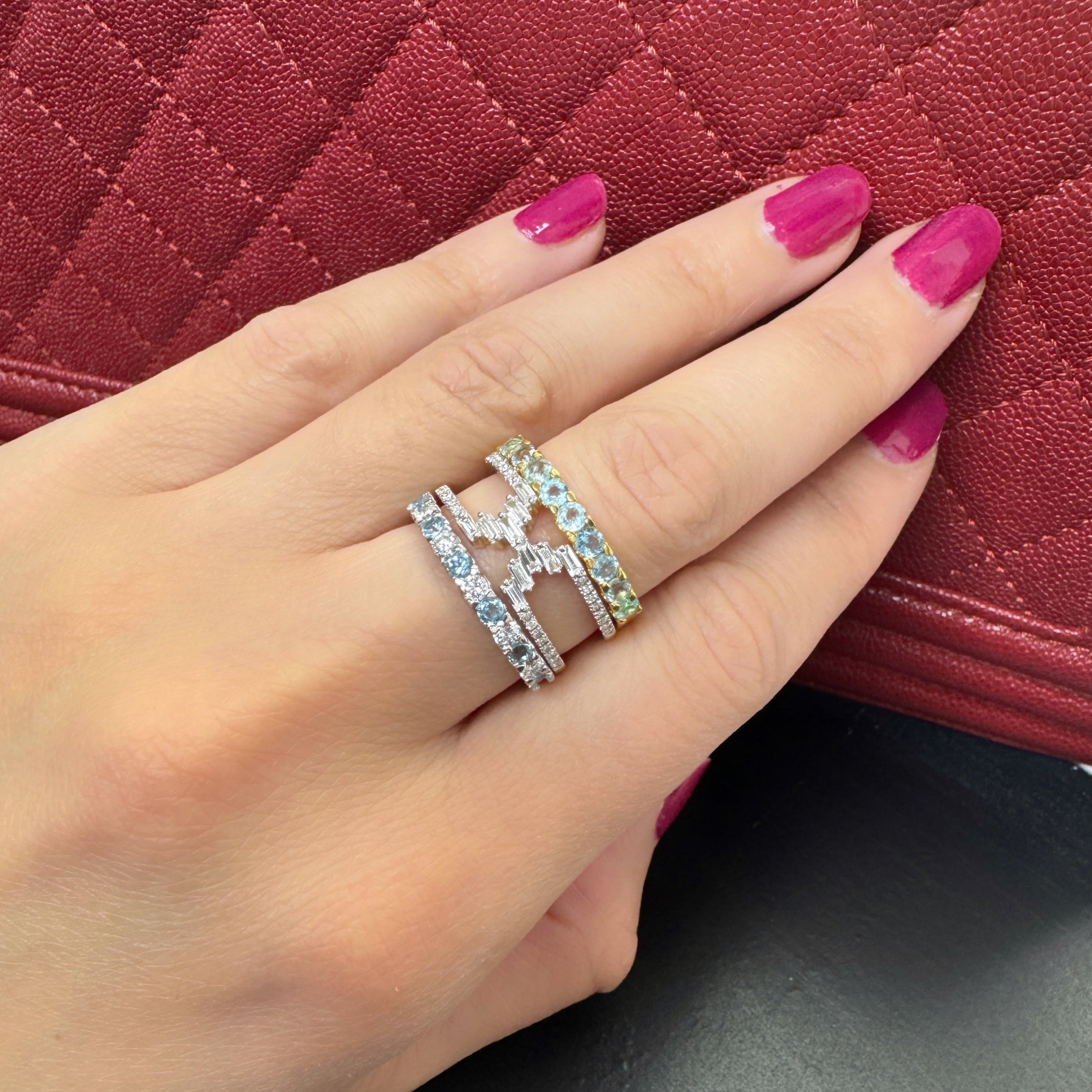 Diamond Baguette and Round Fashion Ring with stackable Paraiba rings