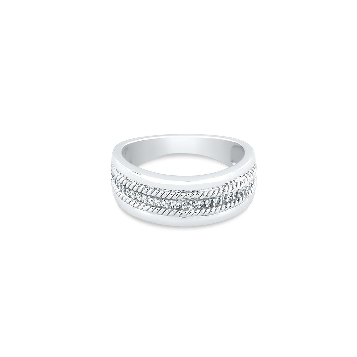 white gold diamond band ring on white background