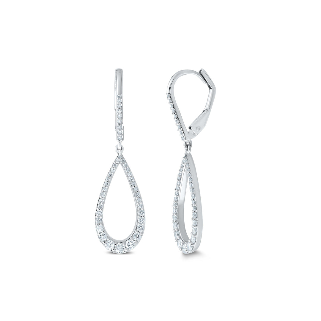 White gold open teardrop drop earrings with pavé set diamonds and leverback closure