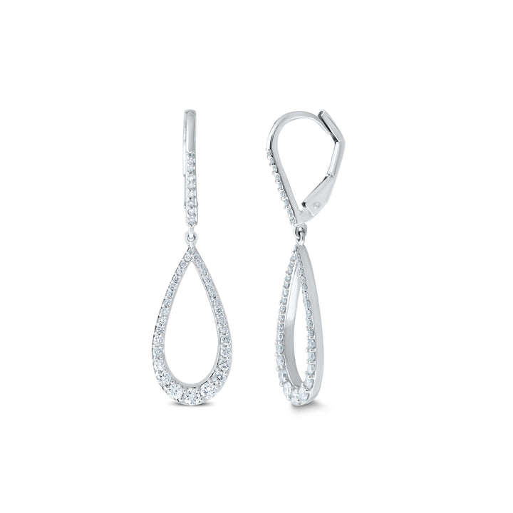 White gold open teardrop drop earrings with pavé set diamonds and leverback closure