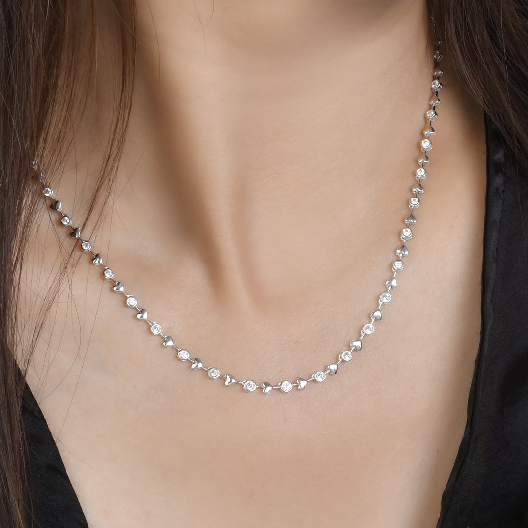 Diamond and Heart Bezel Necklace in 14k white gold on model