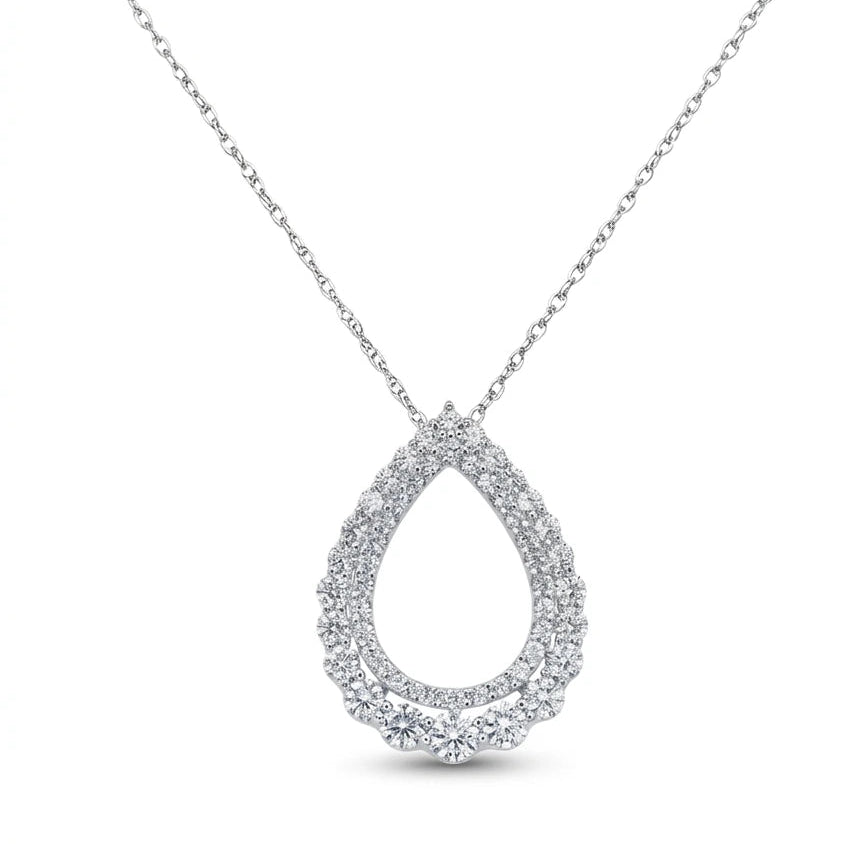a graduated pendant with two rows of diamonds in a pear shape in white gold