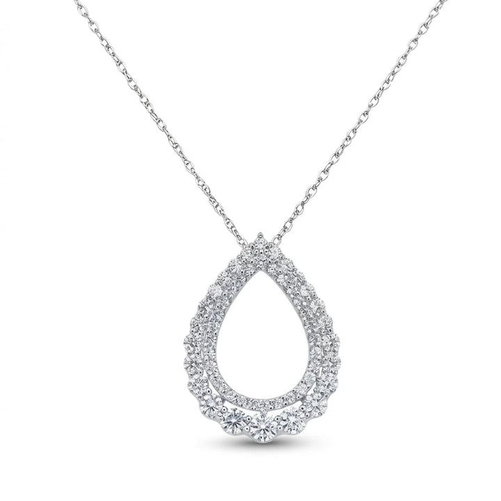 a graduated pendant with two rows of diamonds in a pear shape in white gold