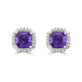 Cushion Cut Amethyst and Diamond Halo Stud Earrings  