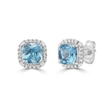 Cushion Cut Blue Topaz and Diamond Halo Stud Earrings  