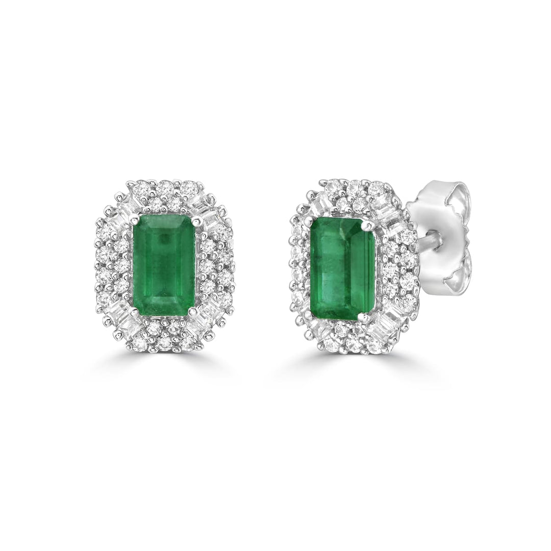 Emerald and Diamond Double Halo Stud Earrings